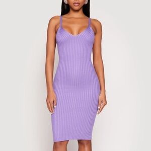 Eclipse Women’s Soft Lilac Ribbed Knit V-Neck Midi Dress | Lavender Bodycon Mini